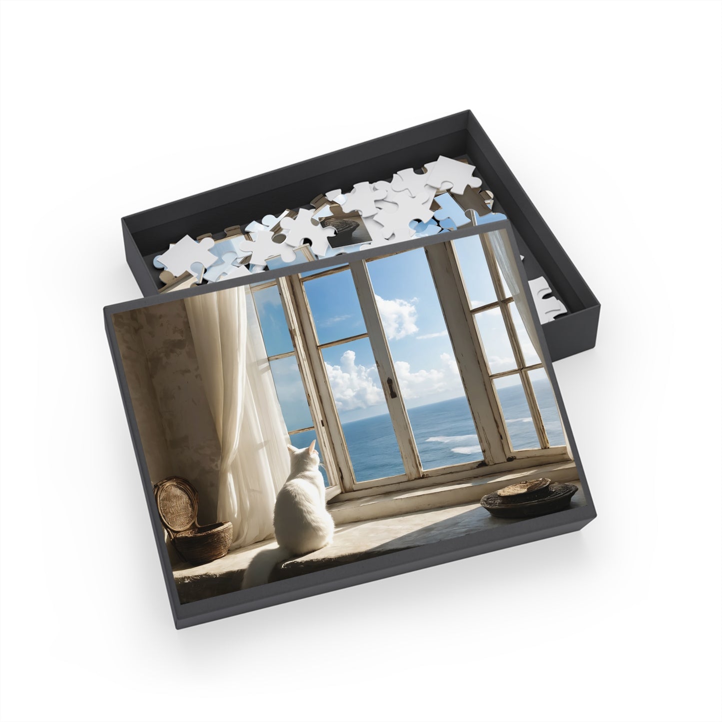 Puzzle - White Cat by the Sea Window, Jigsaw Game for Adults, Kids, Family Fun, Relaxing Activity, Holiday Gift Idea