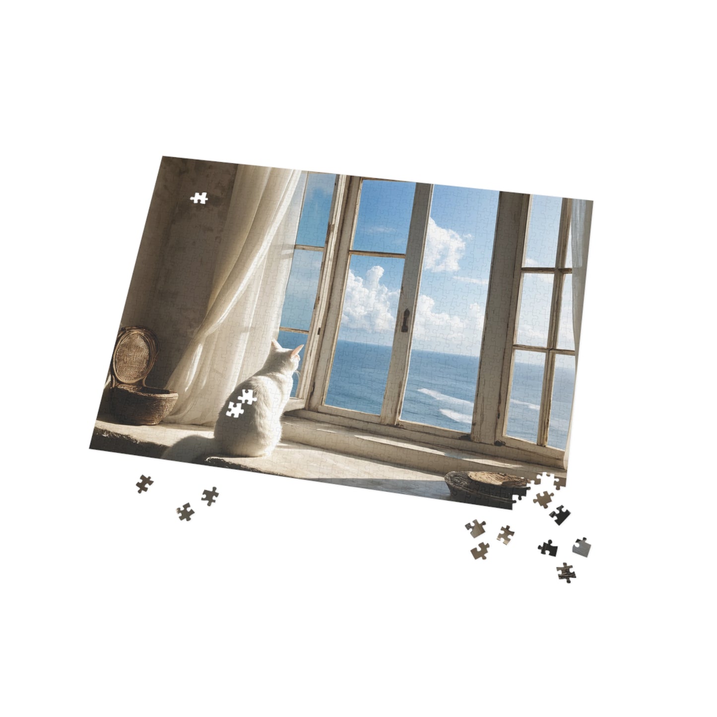 Puzzle - White Cat by the Sea Window, Jigsaw Game for Adults, Kids, Family Fun, Relaxing Activity, Holiday Gift Idea