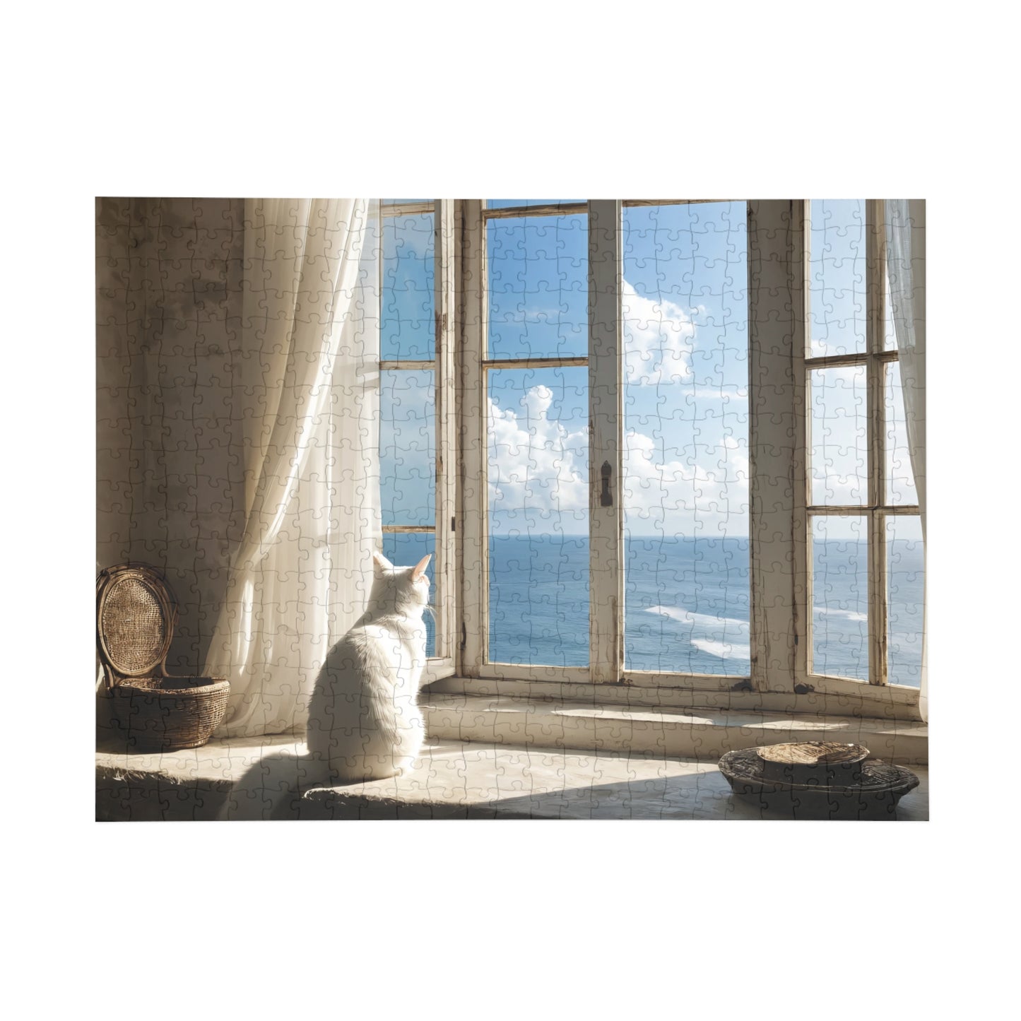 Puzzle - White Cat by the Sea Window, Jigsaw Game for Adults, Kids, Family Fun, Relaxing Activity, Holiday Gift Idea