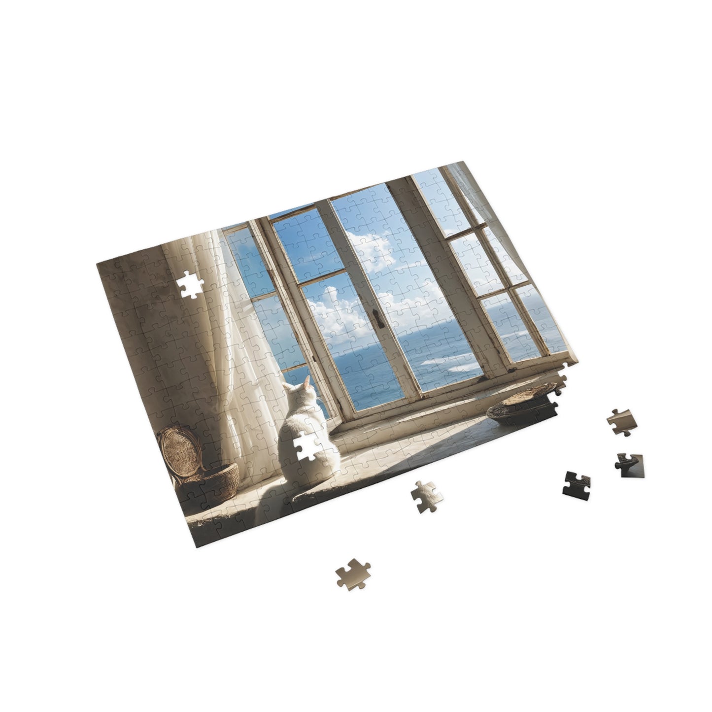 Puzzle - White Cat by the Sea Window, Jigsaw Game for Adults, Kids, Family Fun, Relaxing Activity, Holiday Gift Idea