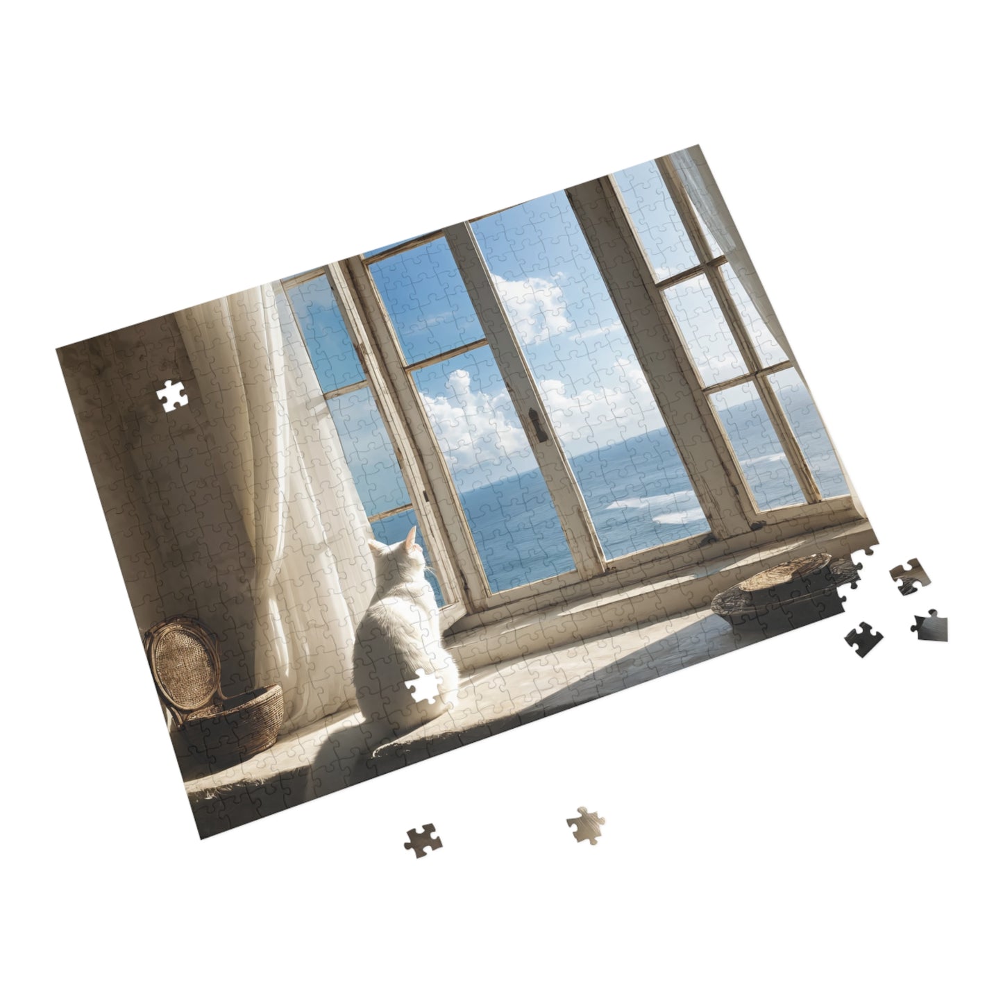 Puzzle - White Cat by the Sea Window, Jigsaw Game for Adults, Kids, Family Fun, Relaxing Activity, Holiday Gift Idea