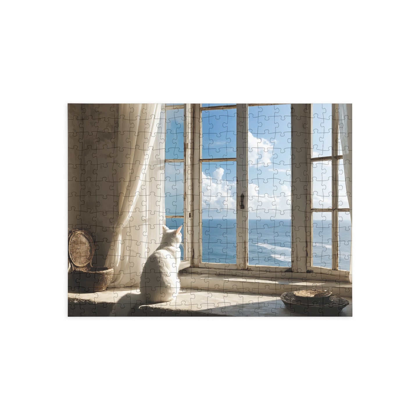 Puzzle - White Cat by the Sea Window, Jigsaw Game for Adults, Kids, Family Fun, Relaxing Activity, Holiday Gift Idea