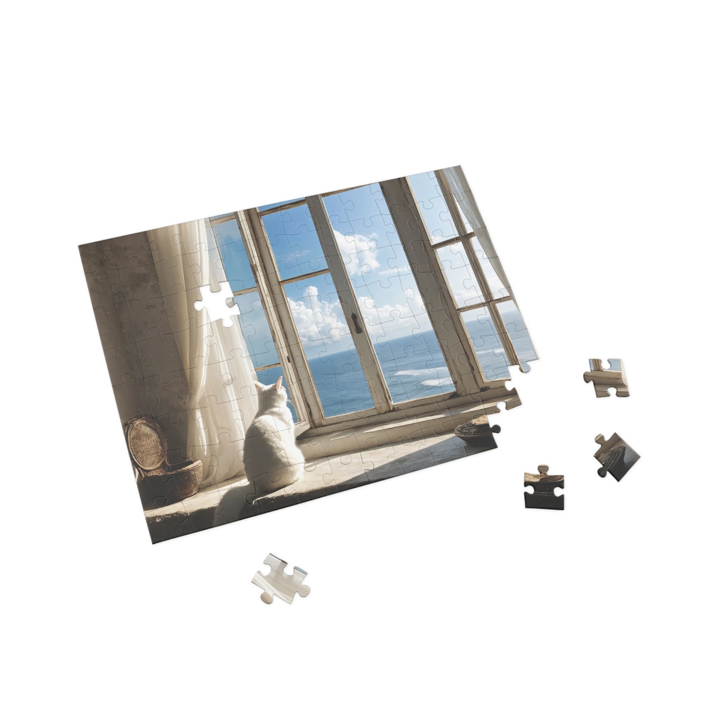 Puzzle - White Cat by the Sea Window, Jigsaw Game for Adults, Kids, Family Fun, Relaxing Activity, Holiday Gift Idea